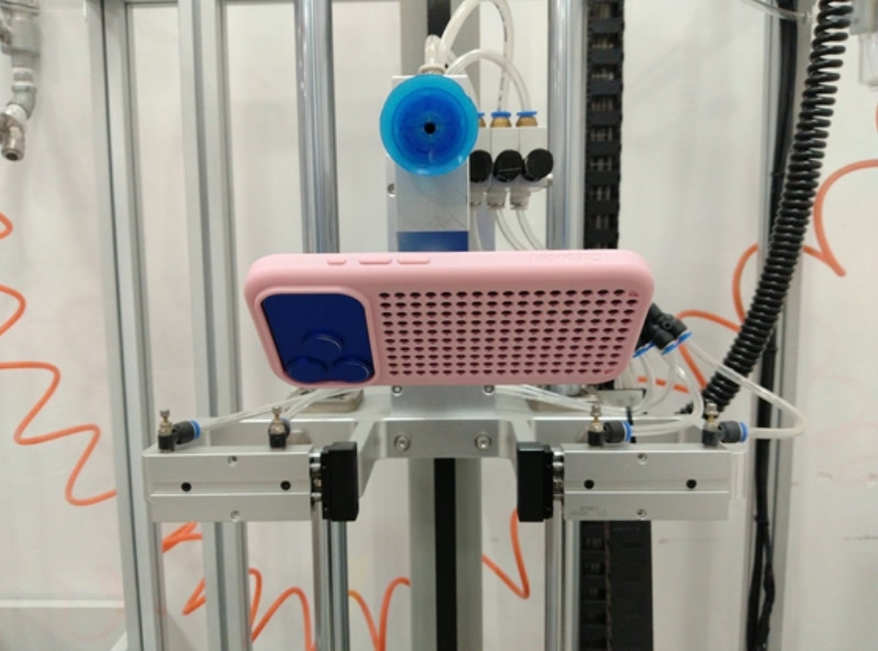 Callbuddy phone case in an SGS drop test machine, positioned for an edge drop