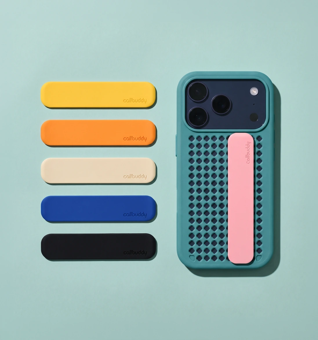 Five Callbuddy straps in yellow, orange, beige, blue and black beside a teal Callbuddy case with a pink strap attached